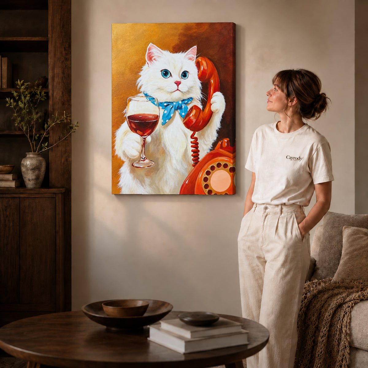 vintage telephone wine cat canvas art on gallery-wrapped canvas with natural edge shading beside a standing woman.