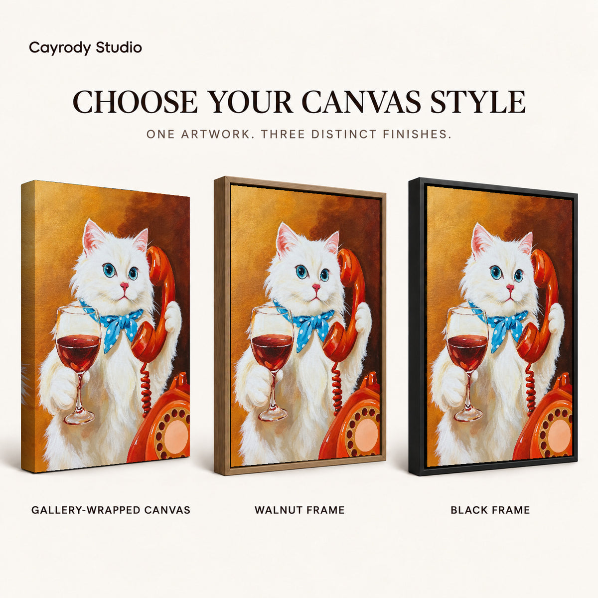 vintage telephone wine cat canvas art compared across gallery-wrapped canvas, walnut frame, and black frame finishes.