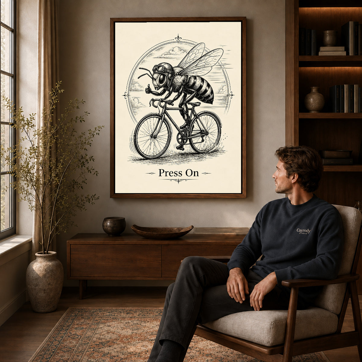 vintage cycling bee canvas art in a walnut frame above a console beside a seated man.