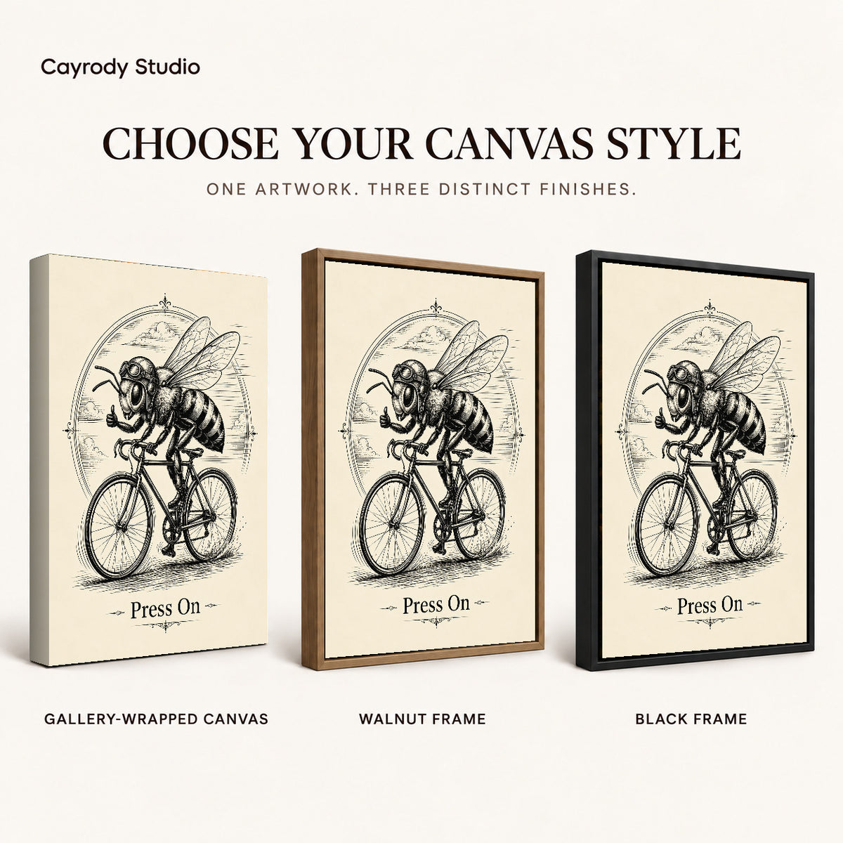 vintage cycling bee canvas art compared across gallery-wrapped canvas, walnut frame, and black frame finishes.