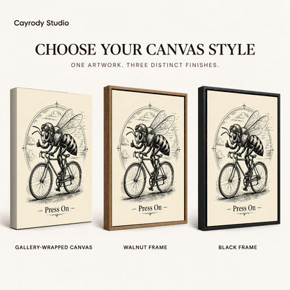 vintage cycling bee canvas art compared across gallery-wrapped canvas, walnut frame, and black frame finishes.