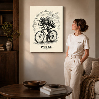 vintage cycling bee canvas art shown in the gallery-wrapped option with visible depth and warm surroundings.
