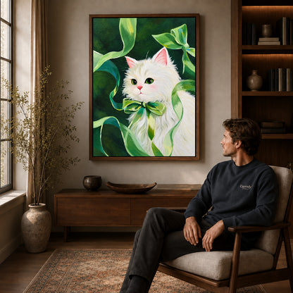 green ribbon kitten canvas art in a walnut frame above a console beside a seated man.