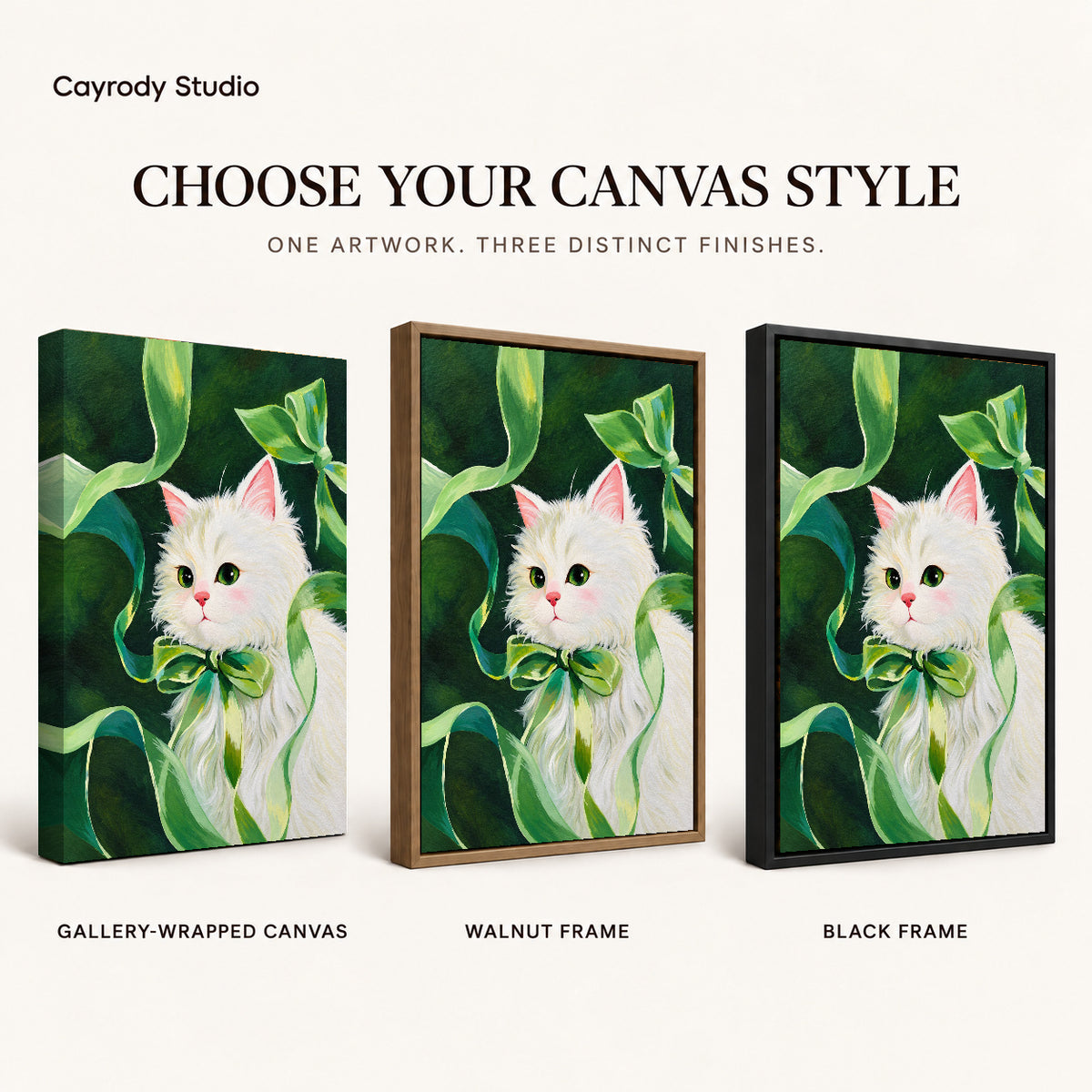 green ribbon kitten canvas art compared across gallery-wrapped canvas, walnut frame, and black frame finishes.