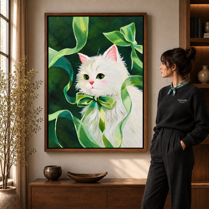 green ribbon kitten canvas art shown in the walnut frame option within a warm living room.
