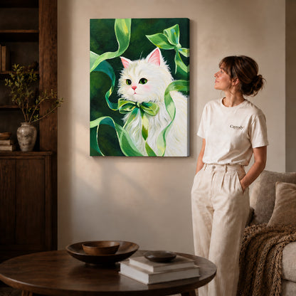 green ribbon kitten canvas art shown in the gallery-wrapped option with visible depth and warm surroundings.