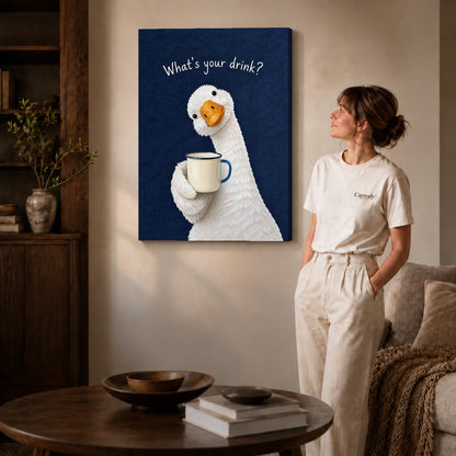 playful coffee duck canvas art on gallery-wrapped canvas with natural edge shading beside a standing woman.