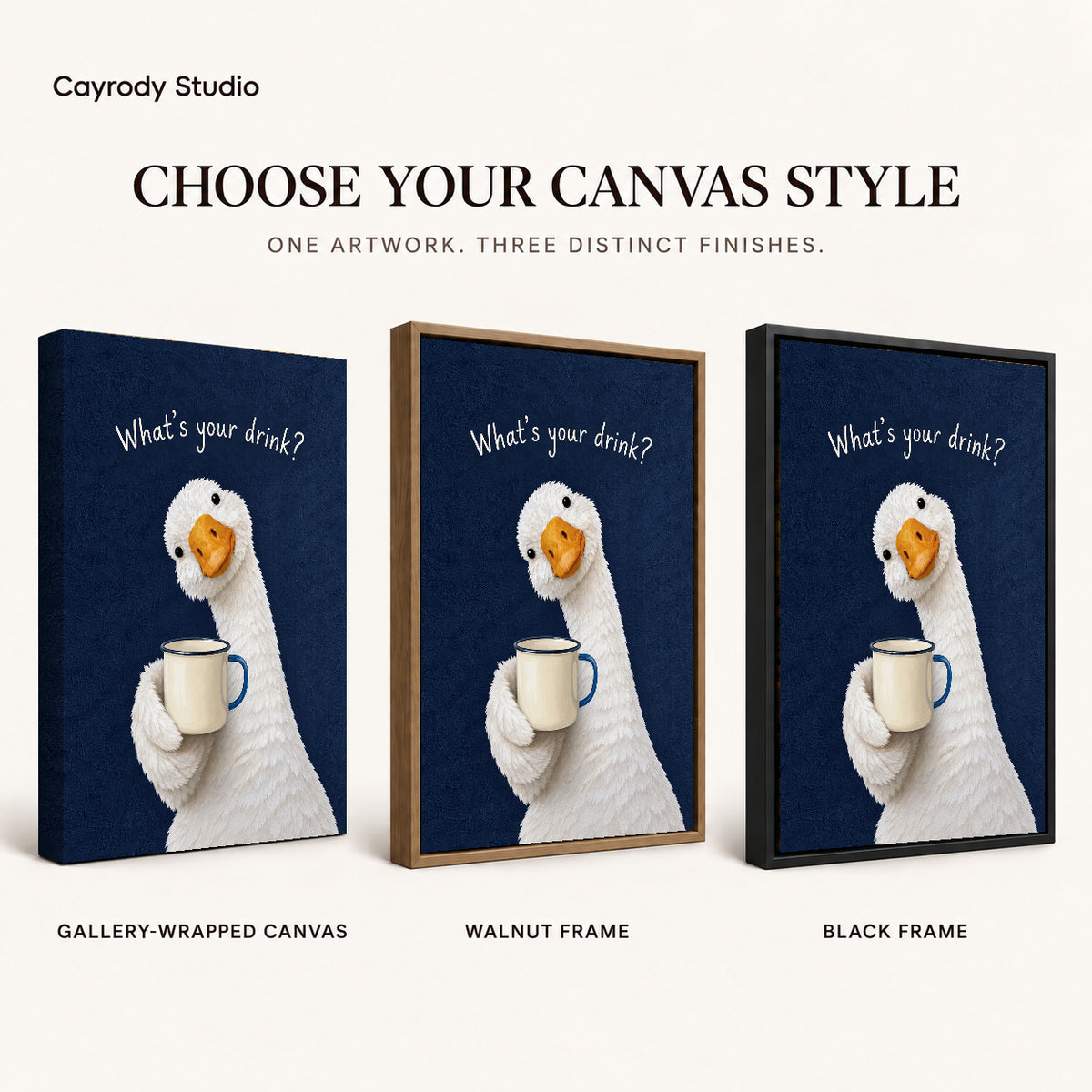 playful coffee duck canvas art compared across gallery-wrapped canvas, walnut frame, and black frame finishes.