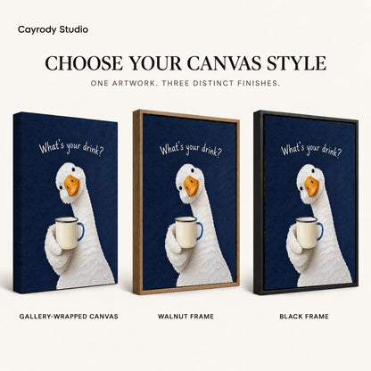 playful coffee duck canvas art compared across gallery-wrapped canvas, walnut frame, and black frame finishes.