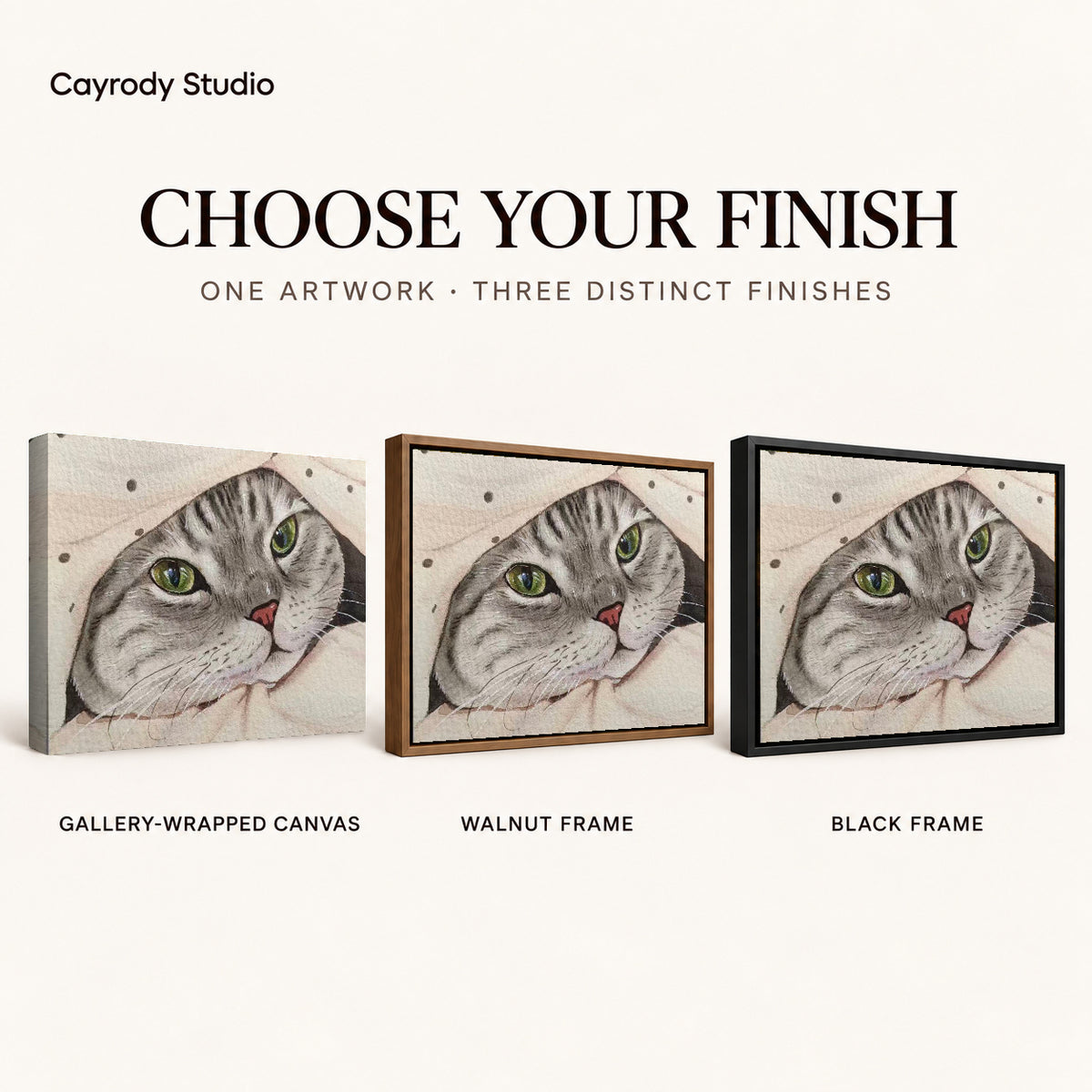 cozy blanket tabby canvas art compared across gallery-wrapped canvas, walnut frame, and black frame finishes.