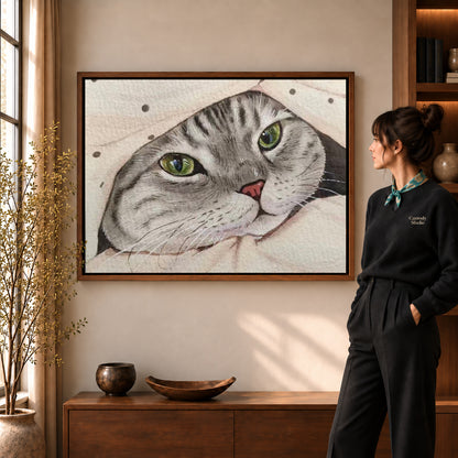 cozy blanket tabby canvas art shown in the walnut frame option within a warm living room.