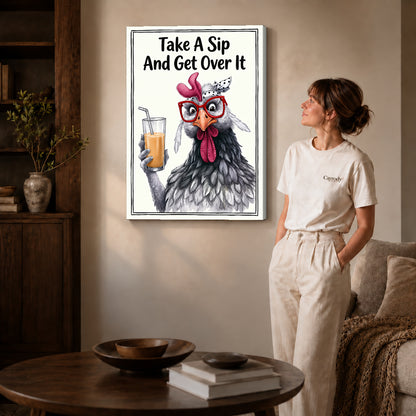 cheeky drink chicken canvas art shown in the gallery-wrapped option with visible depth and warm surroundings.