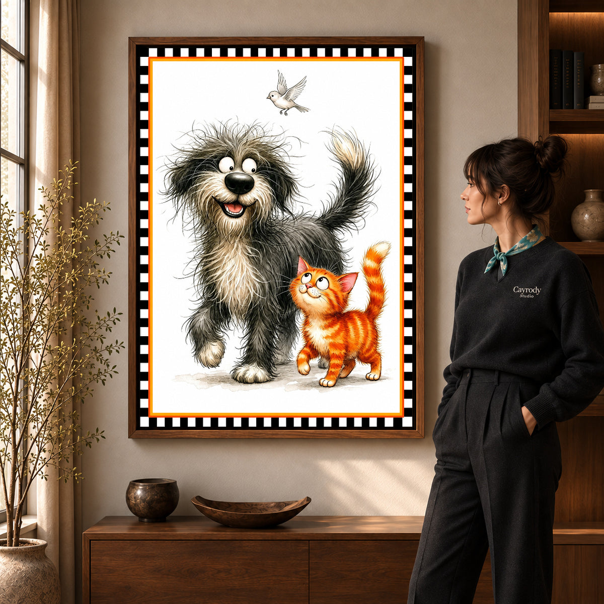 playful pet companions canvas art in a walnut frame beside a standing woman and wooden console.