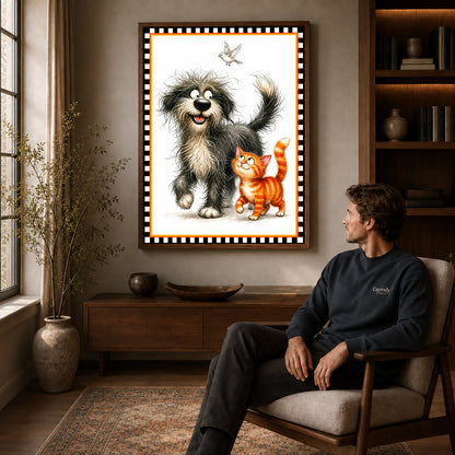 playful pet companions canvas art in a walnut frame above a console beside a seated man.