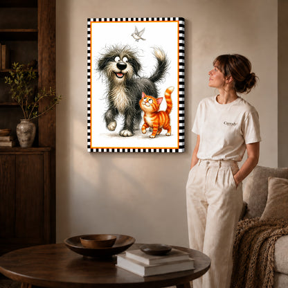 playful pet companions canvas art on gallery-wrapped canvas with natural edge shading beside a standing woman.