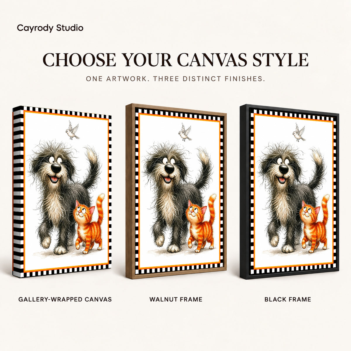 playful pet companions canvas art compared across gallery-wrapped canvas, walnut frame, and black frame finishes.