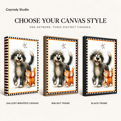 playful pet companions canvas art compared across gallery-wrapped canvas, walnut frame, and black frame finishes.