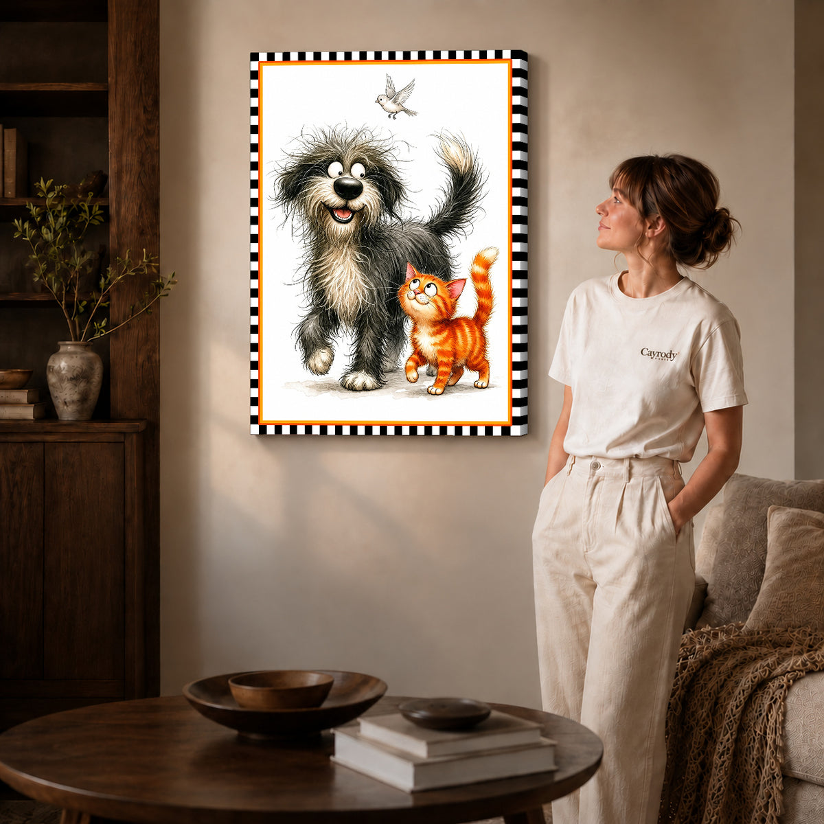 playful pet companions canvas art shown in the gallery-wrapped option with visible depth and warm surroundings.