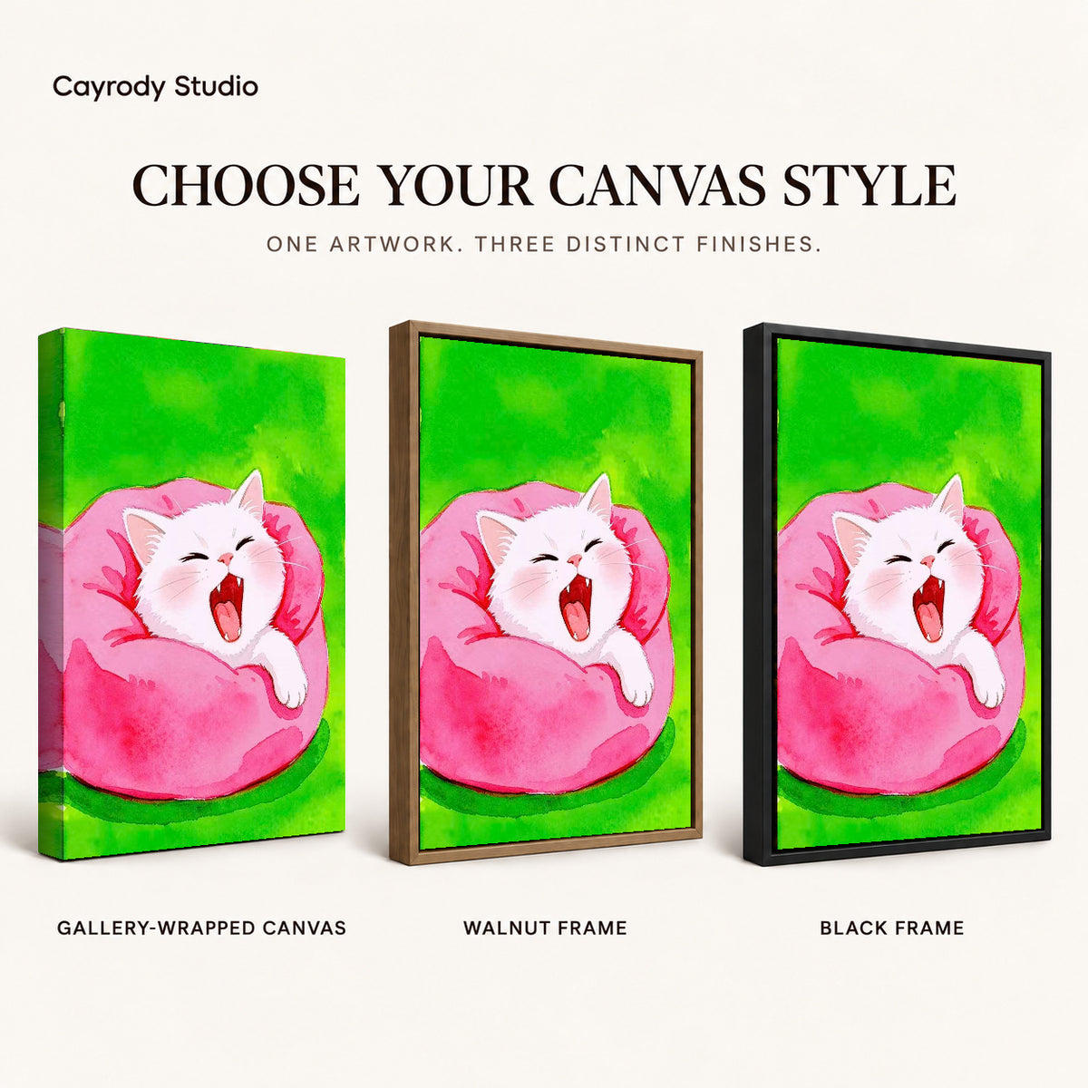 cozy yawning kitten canvas art compared across gallery-wrapped canvas, walnut frame, and black frame finishes.