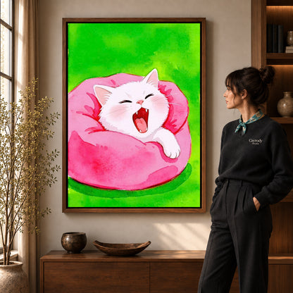 cozy yawning kitten canvas art shown in the walnut frame option within a warm living room.