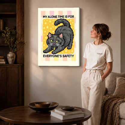 playful alone time cat canvas art on gallery-wrapped canvas with natural edge shading beside a standing woman.