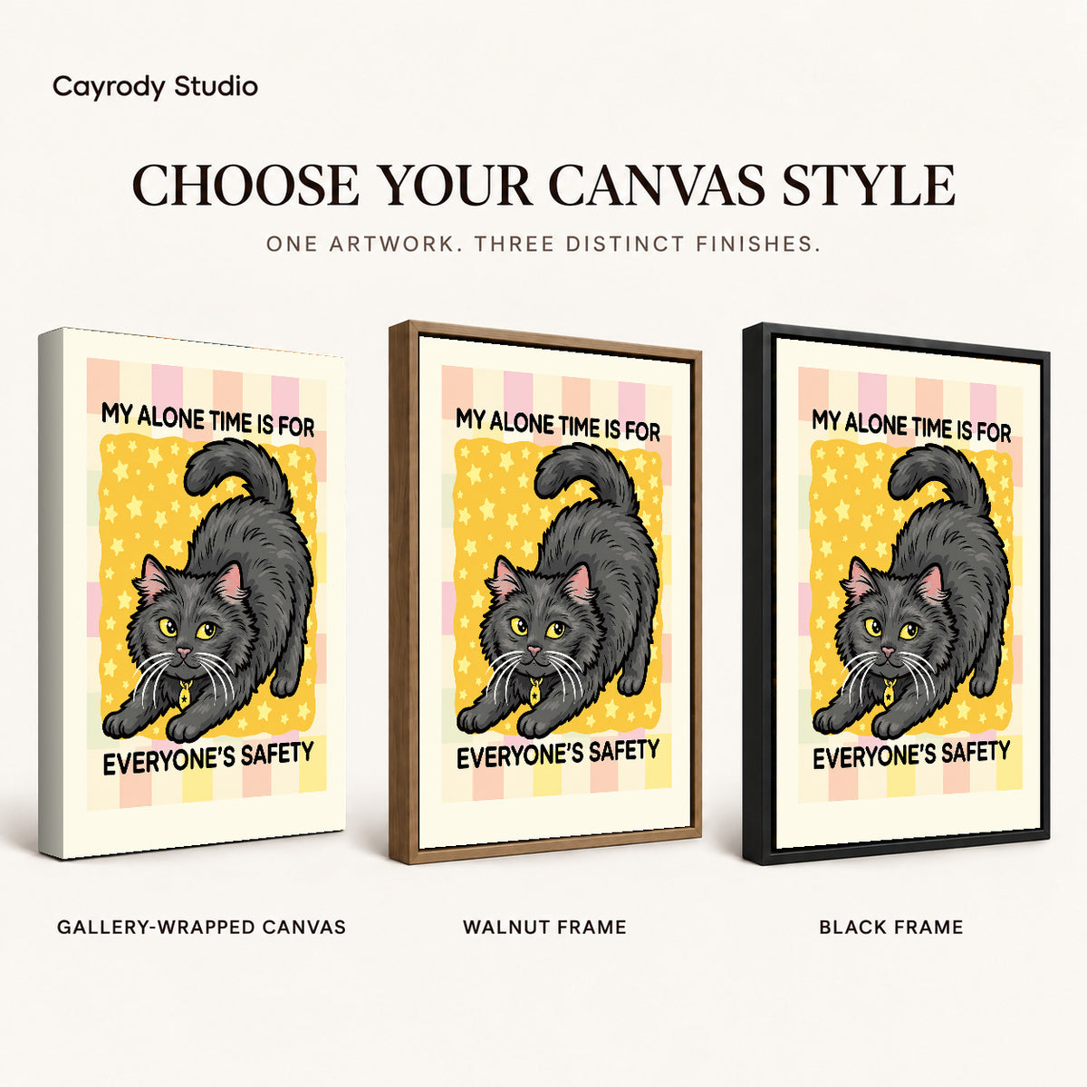 playful alone time cat canvas art compared across gallery-wrapped canvas, walnut frame, and black frame finishes.