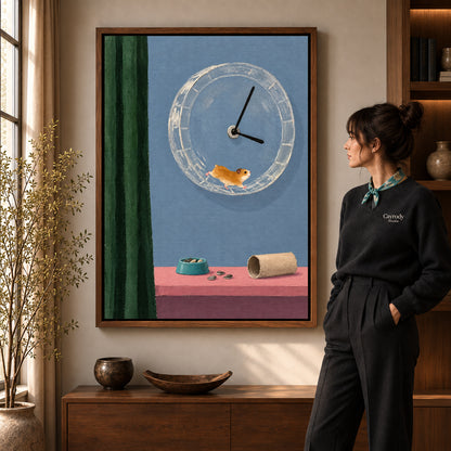 whimsical hamster clock canvas art in a walnut frame beside a standing woman and wooden console.