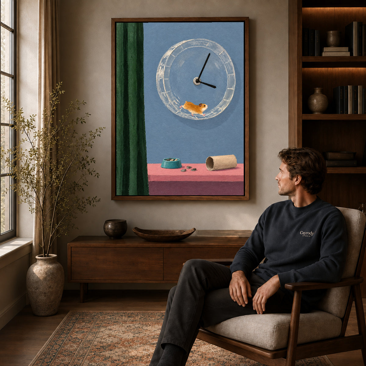 whimsical hamster clock canvas art in a walnut frame above a console beside a seated man.