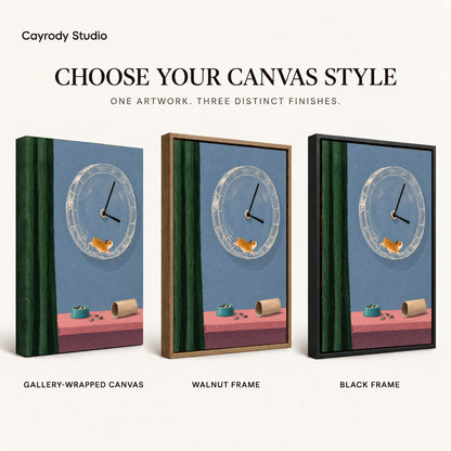 whimsical hamster clock canvas art compared across gallery-wrapped canvas, walnut frame, and black frame finishes.
