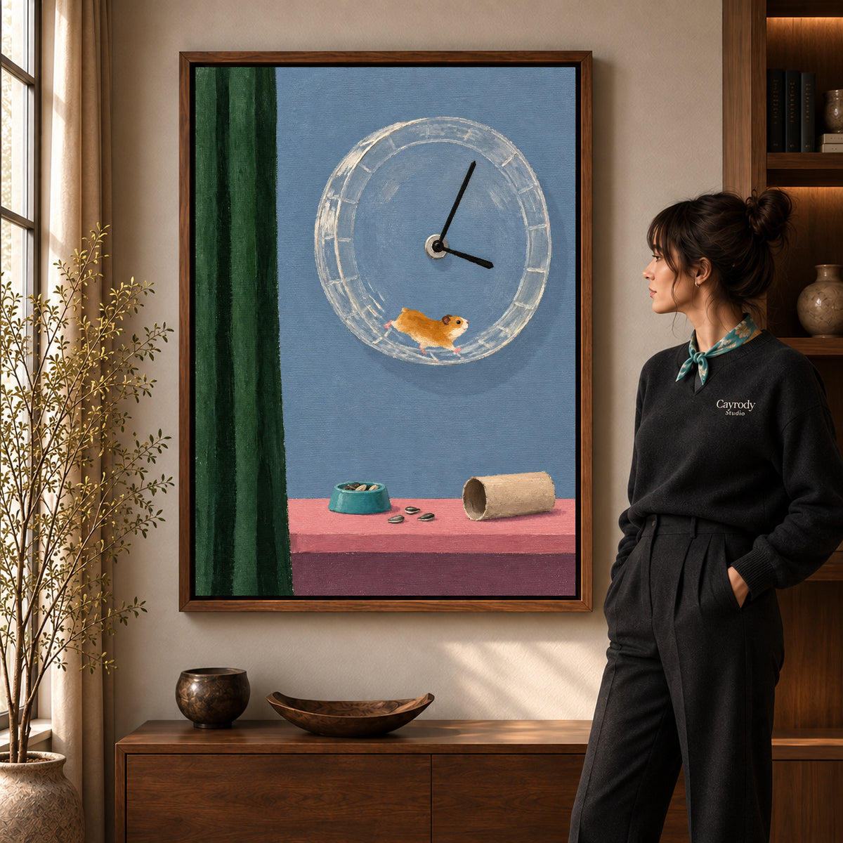 whimsical hamster clock canvas art shown in the walnut frame option within a warm living room.