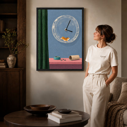 whimsical hamster clock canvas art shown in the black frame option against a softly lit wall.