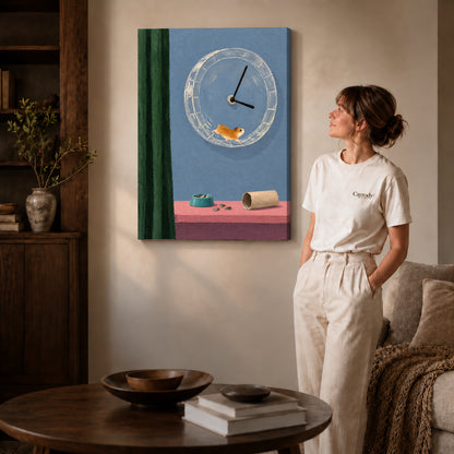 whimsical hamster clock canvas art shown in the gallery-wrapped option with visible depth and warm surroundings.