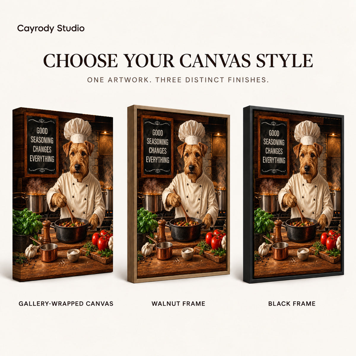 warm terrier chef canvas art compared across gallery-wrapped canvas, walnut frame, and black frame finishes.