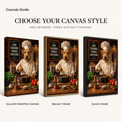 warm terrier chef canvas art compared across gallery-wrapped canvas, walnut frame, and black frame finishes.
