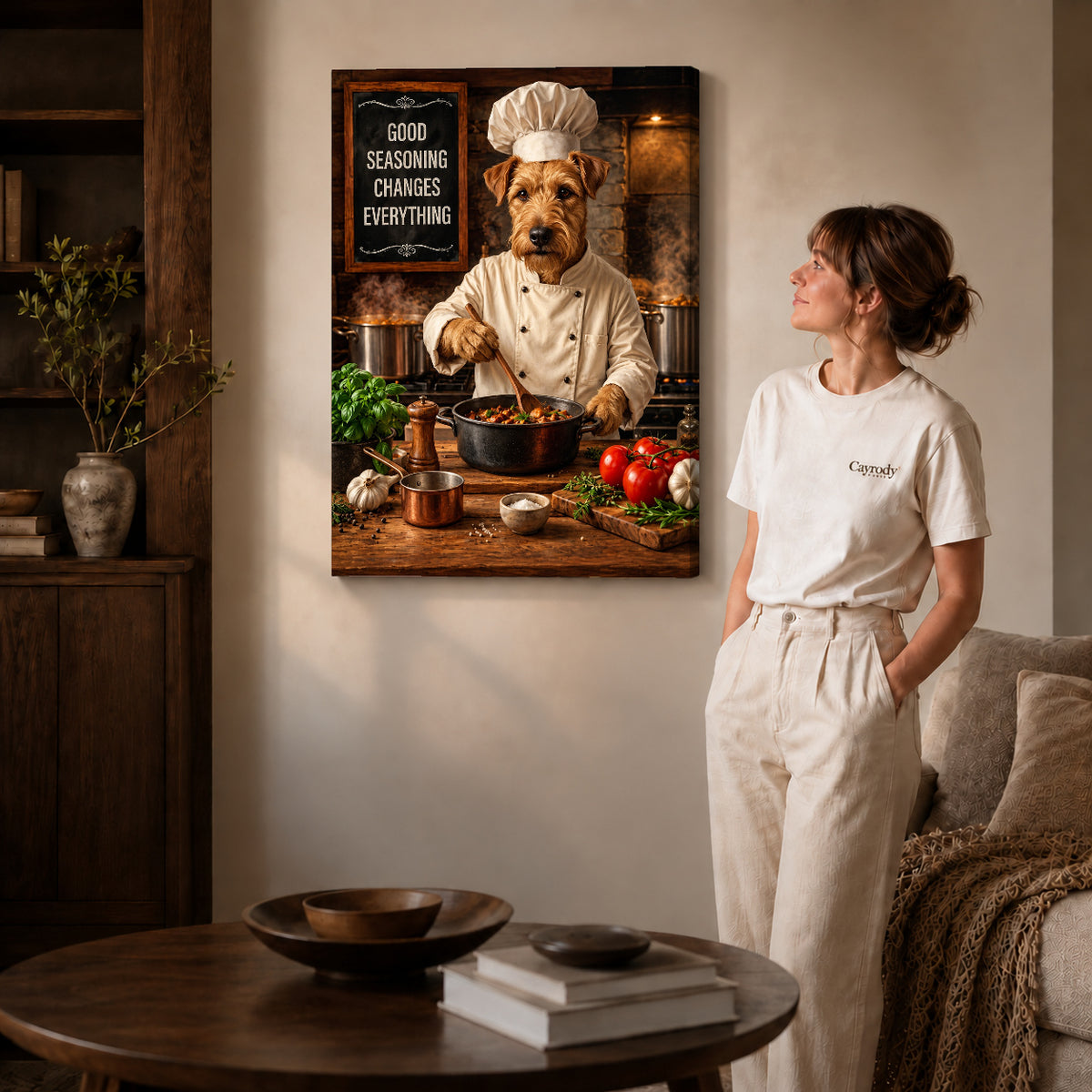 warm terrier chef canvas art shown in the gallery-wrapped option with visible depth and warm surroundings.