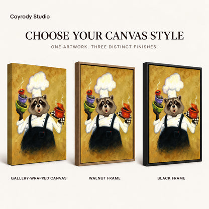playful raccoon chef canvas art compared across gallery-wrapped canvas, walnut frame, and black frame finishes.