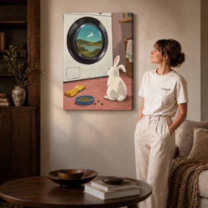 dreamy laundry rabbit canvas art on gallery-wrapped canvas with natural edge shading beside a standing woman.