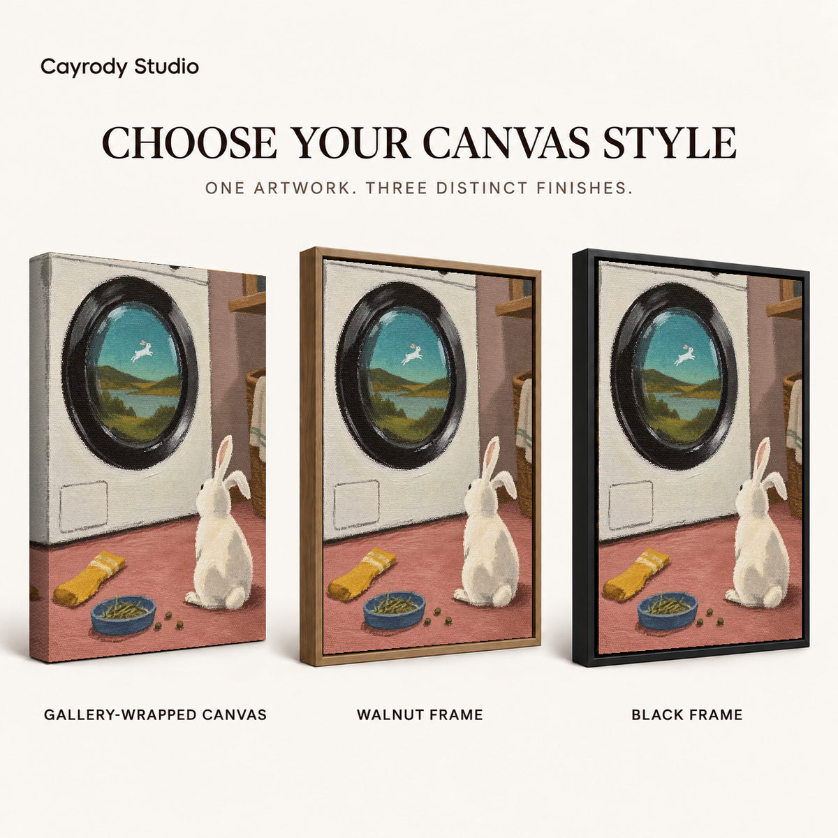 dreamy laundry rabbit canvas art compared across gallery-wrapped canvas, walnut frame, and black frame finishes.