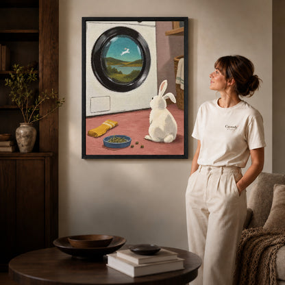 dreamy laundry rabbit canvas art shown in the black frame option against a softly lit wall.