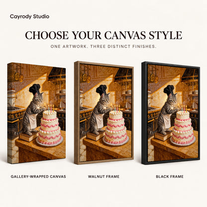 warm birthday baker cat canvas art compared across gallery-wrapped canvas, walnut frame, and black frame finishes.