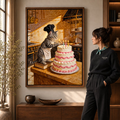 warm birthday baker cat canvas art shown in the walnut frame option within a warm living room.