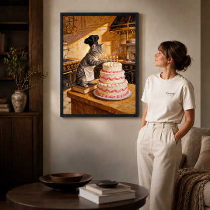 warm birthday baker cat canvas art shown in the black frame option against a softly lit wall.