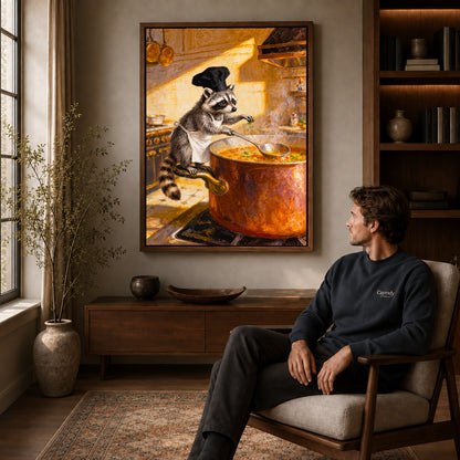 warm raccoon soup chef canvas art in a walnut frame above a console beside a seated man.