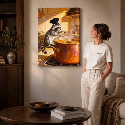warm raccoon soup chef canvas art on gallery-wrapped canvas with natural edge shading beside a standing woman.