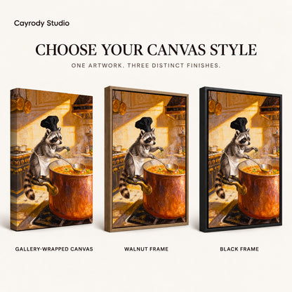 warm raccoon soup chef canvas art compared across gallery-wrapped canvas, walnut frame, and black frame finishes.