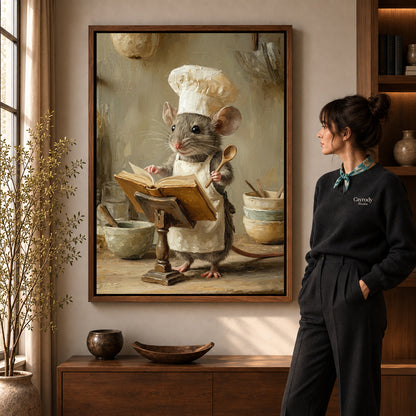 warm recipe mouse canvas art in a walnut frame beside a standing woman and wooden console.