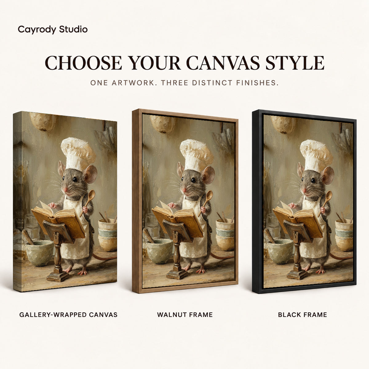 warm recipe mouse canvas art compared across gallery-wrapped canvas, walnut frame, and black frame finishes.