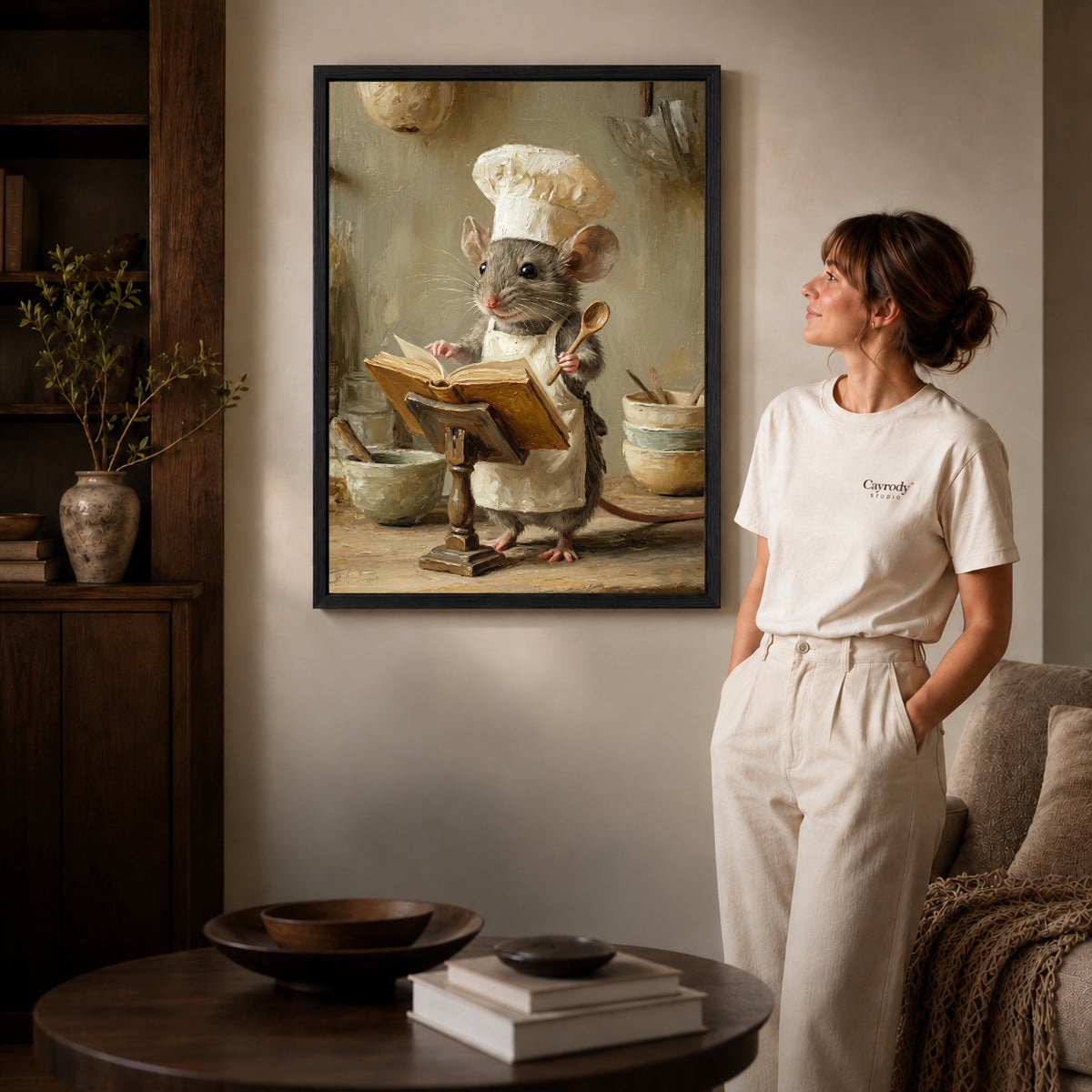 warm recipe mouse canvas art shown in the black frame option against a softly lit wall.