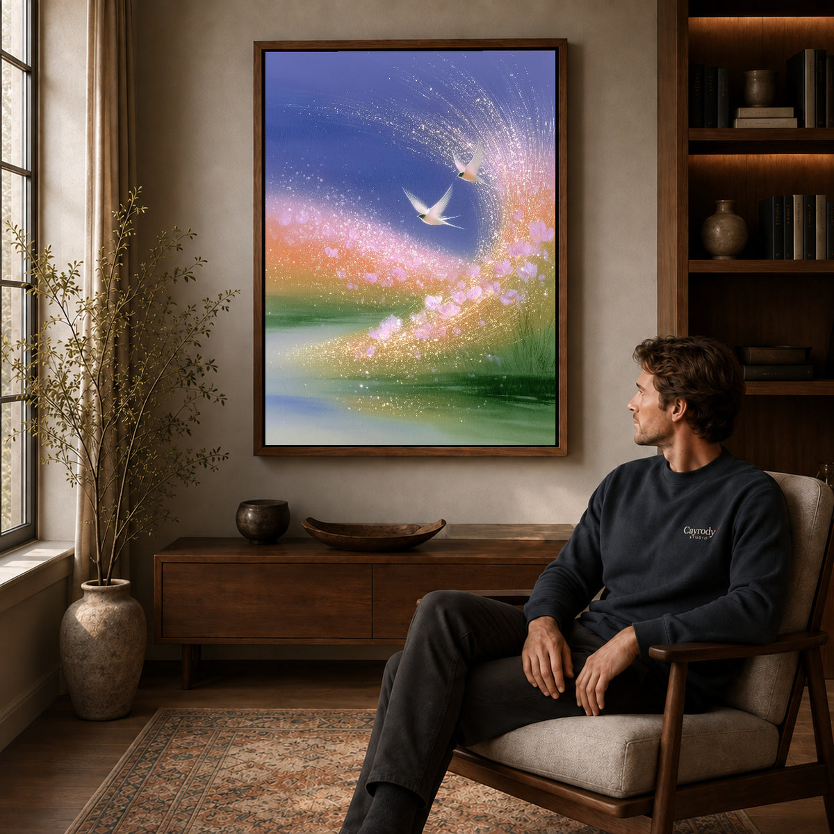 luminous meadow birds canvas art in a walnut frame above a console beside a seated man.
