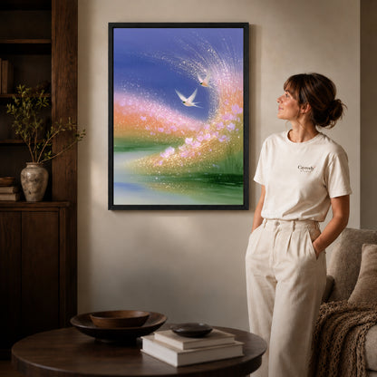 luminous meadow birds canvas art in a black frame beside a woman and round wooden table.